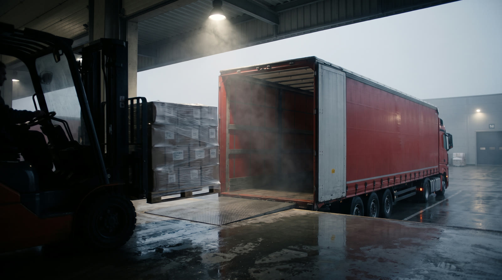 Depo rampasında forklift kırmızı tıra yük yüklüyor, dorse kapıları kapanmak üzere
